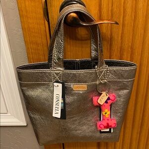 BNWT Consuela Metallic Silver Tote with Pink Patterned Charm